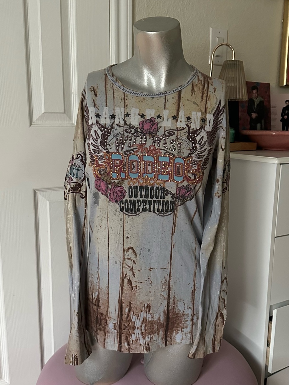 Skinny Minnie Y2K Blue Wild West Rodeo Graphic Rhinestone Long-Sleeve Tee